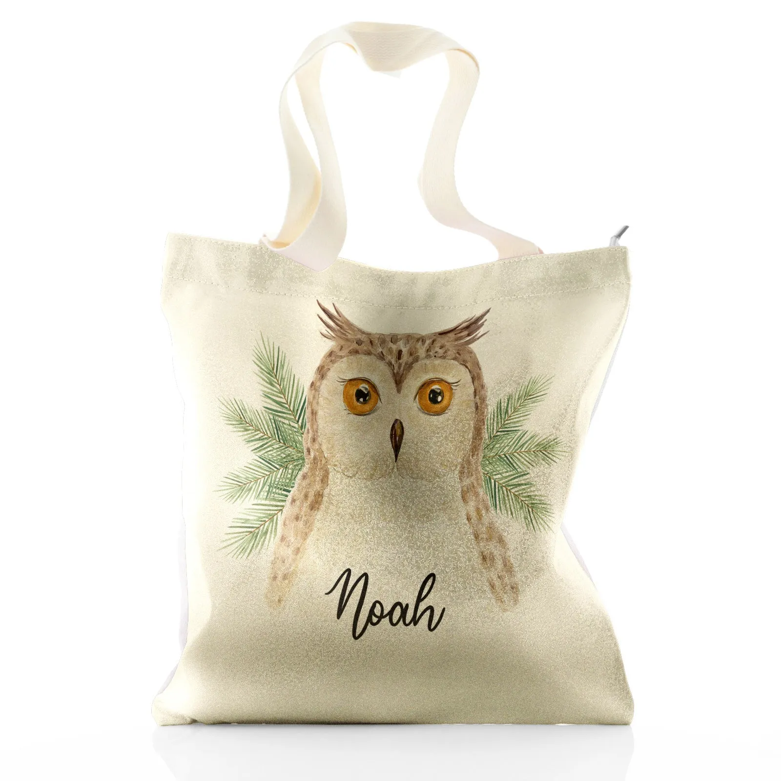 Personalised Glitter Tote Bag with Brown Owl Pine Tree and Cute Text