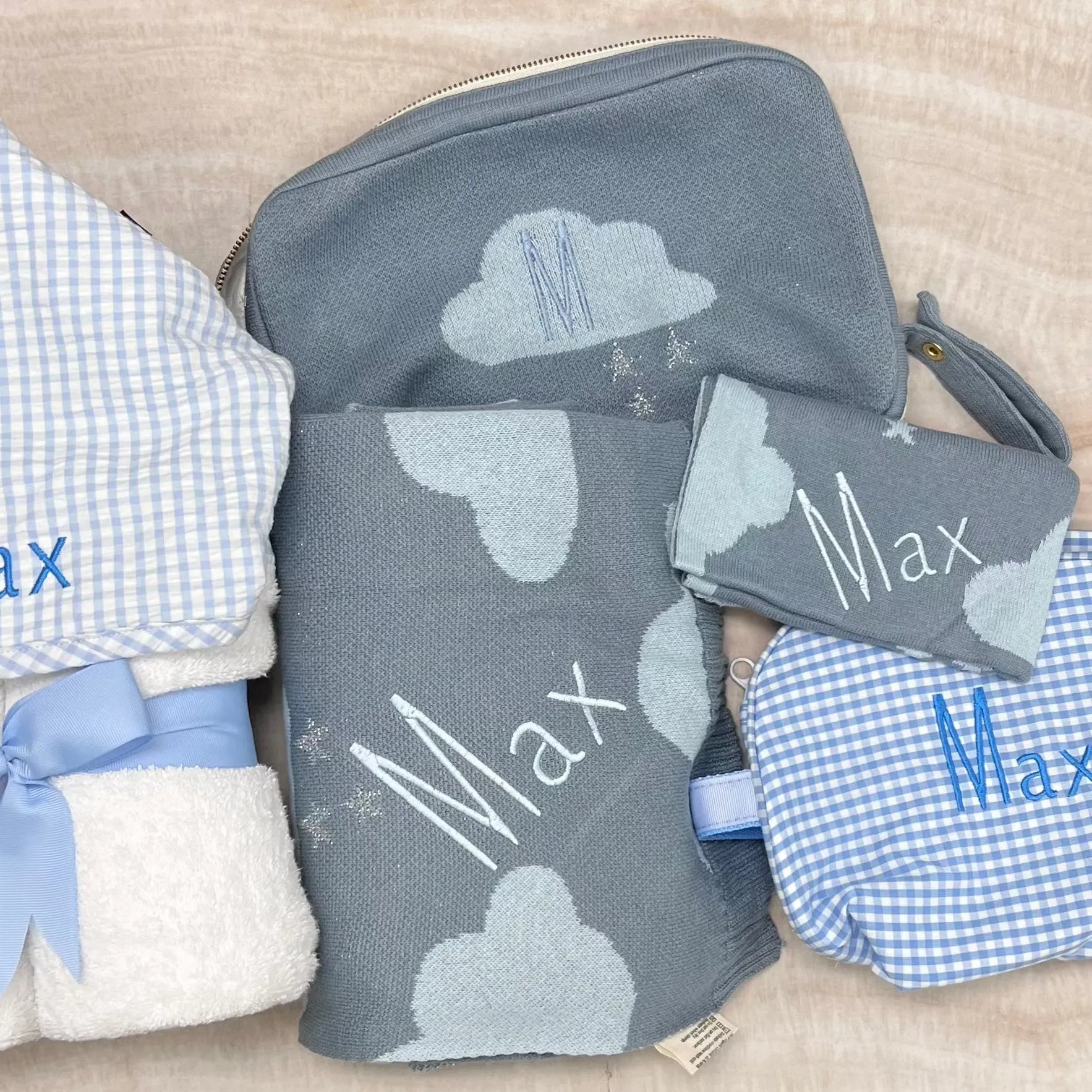 Personalized Baby Travel Set Blue Dreamy Clouds 3 Piece Knitted