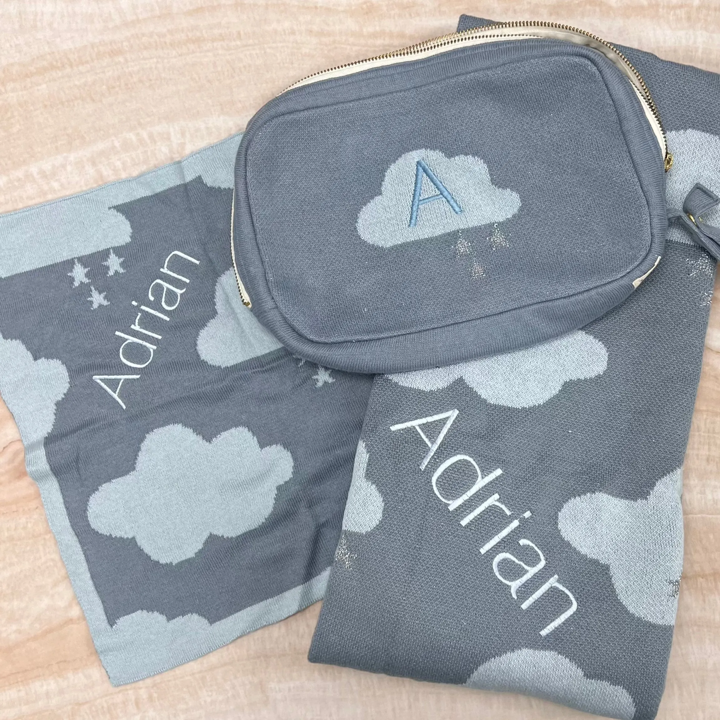 Personalized Baby Travel Set Blue Dreamy Clouds 3 Piece Knitted