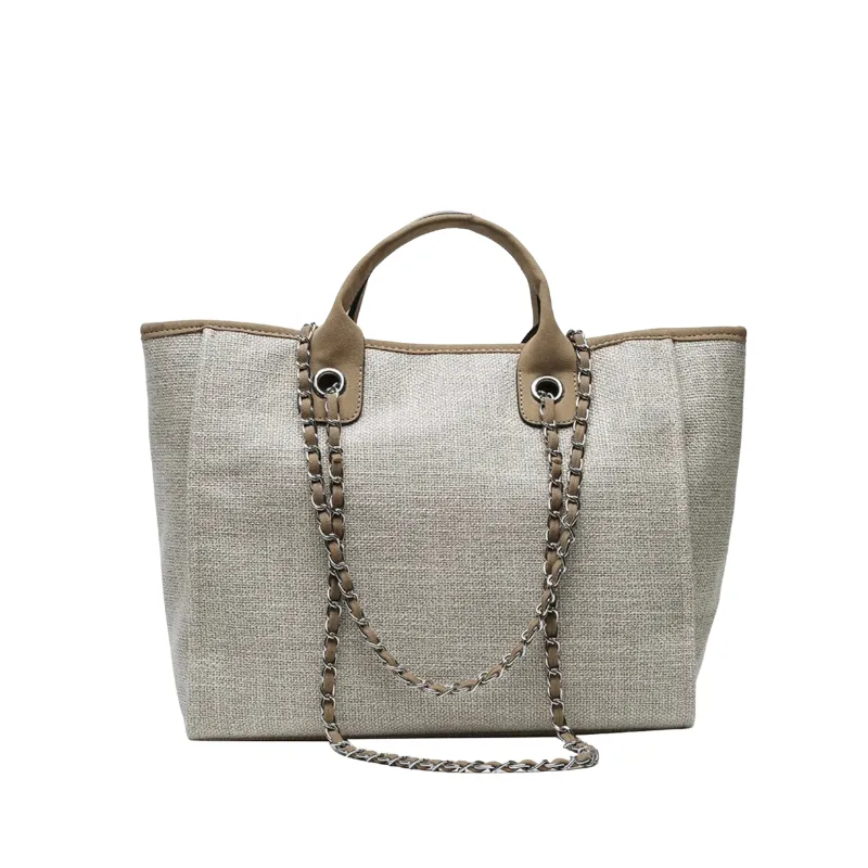 Personalized Small Linen Canvas Tote With Chian Handle - Sand