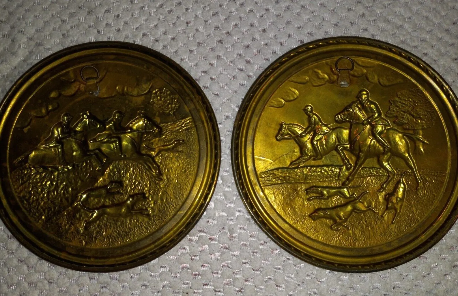Plates Vintage Brass Chargers with Fox Hunt Images Set of Two Made In England