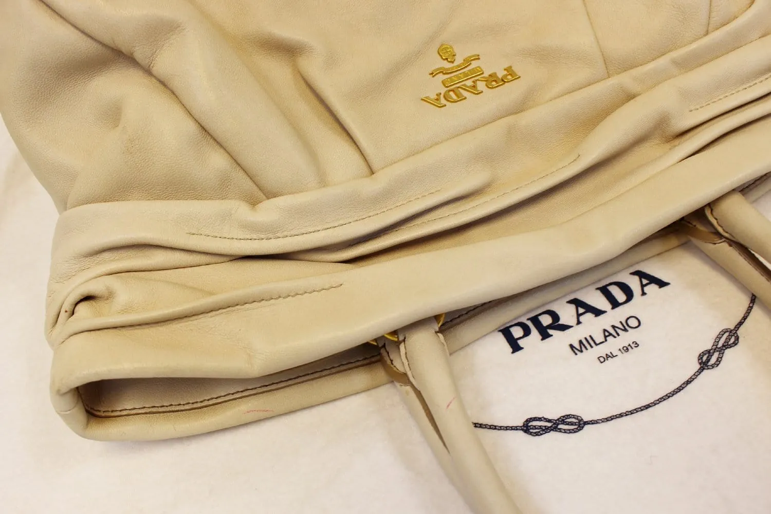 PRADA Nappa Frills Shopping Beige Leather Tote Bag - Last Call