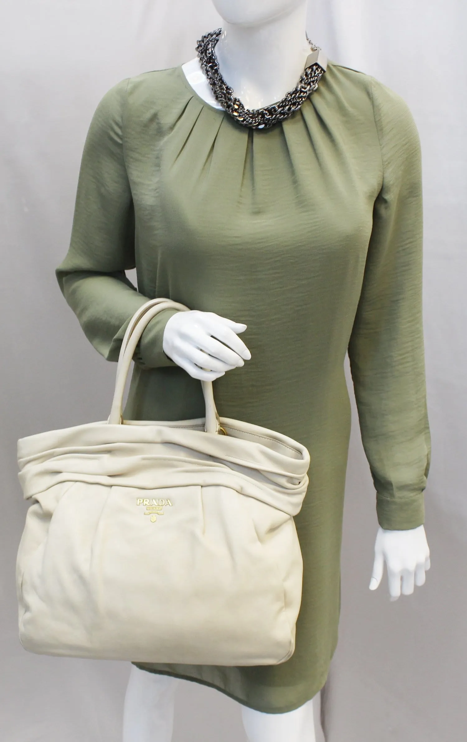 PRADA Nappa Frills Shopping Beige Leather Tote Bag - Last Call
