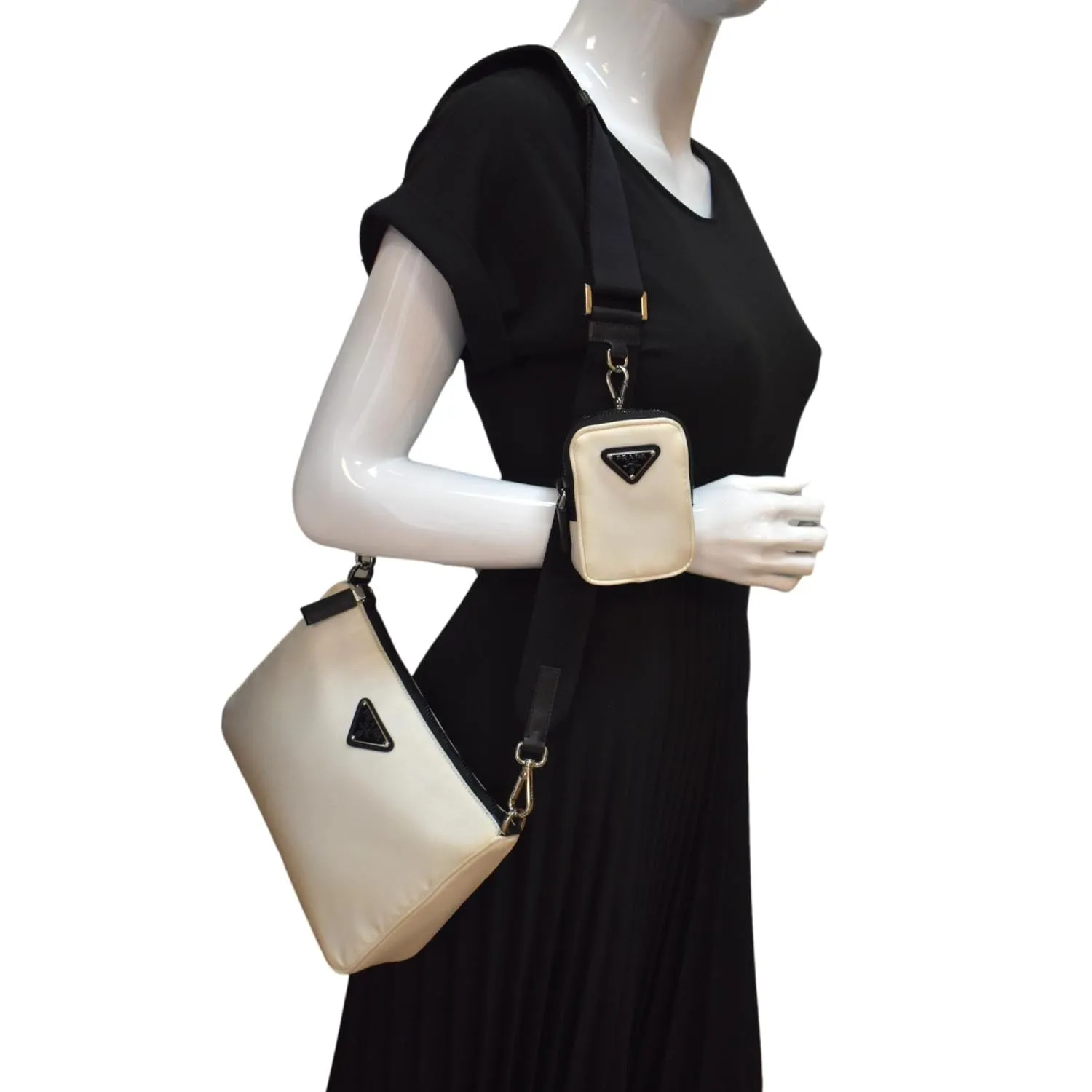 PRADA Re-Nylon Leather Shoulder Bag White