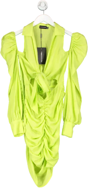 PrettyLittleThing Green Woven Cut Out Shoulder Detail Plunge Tie Front Bodycon Dress UK 6