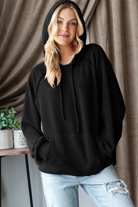 PUFF SLEEVE SOLID URBAN RIBBED HOODIE TOP