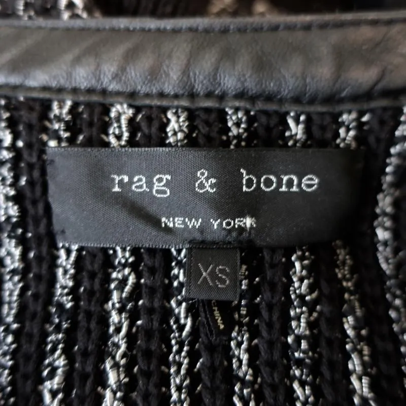 Rag & Bone Jacket Paula Black Leather-Trim Ribbed Knit Size Extra Small