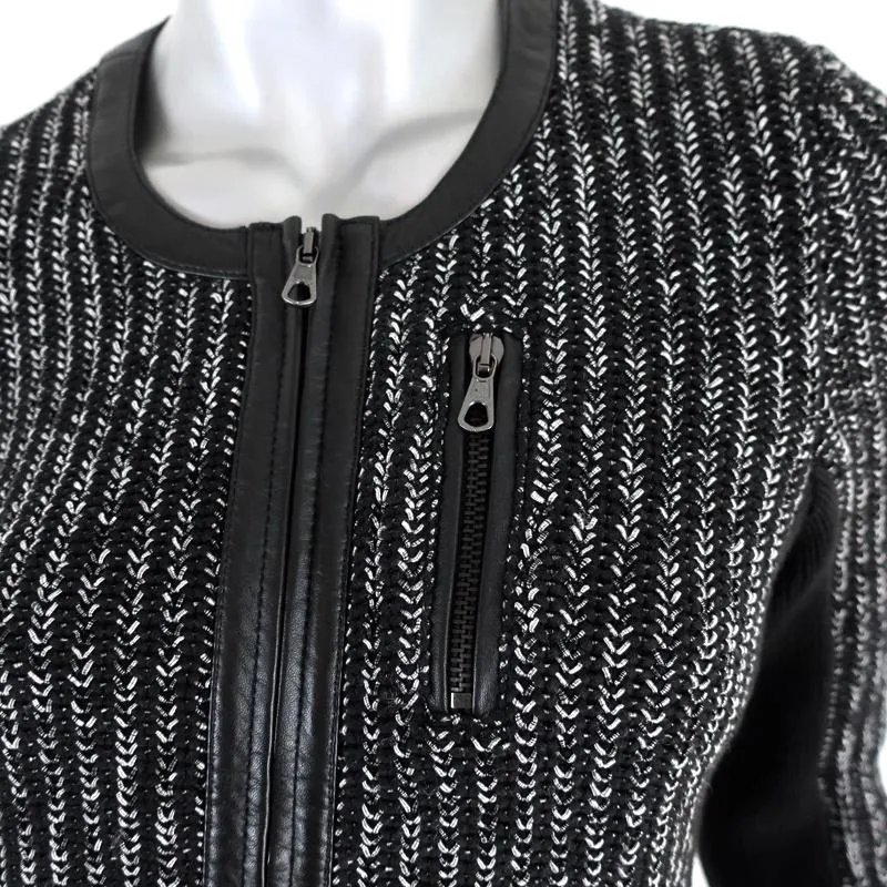 Rag & Bone Jacket Paula Black Leather-Trim Ribbed Knit Size Extra Small