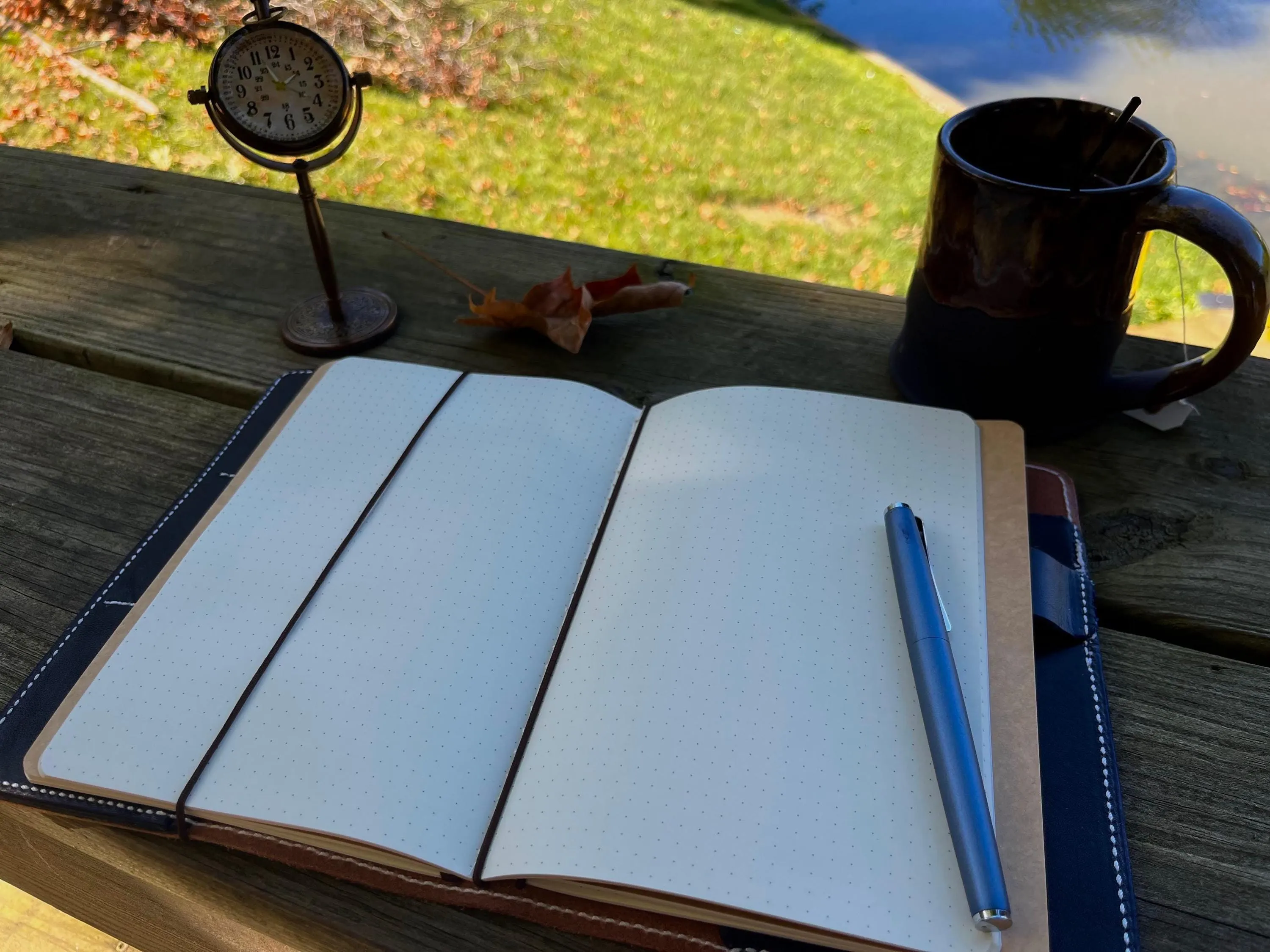 Ready to Ship, A5 Deluxe veg tanned  Leather Full grain Journal Cover, Travel Notebook 8.25" x 5.83" (Inserts NOT included), Brown with navy