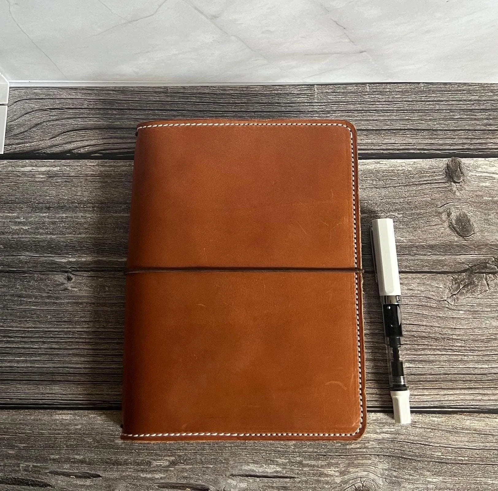Ready to Ship, A5 Deluxe veg tanned  Leather Full grain Journal Cover, Travel Notebook 8.25" x 5.83" (Inserts NOT included), Brown with navy