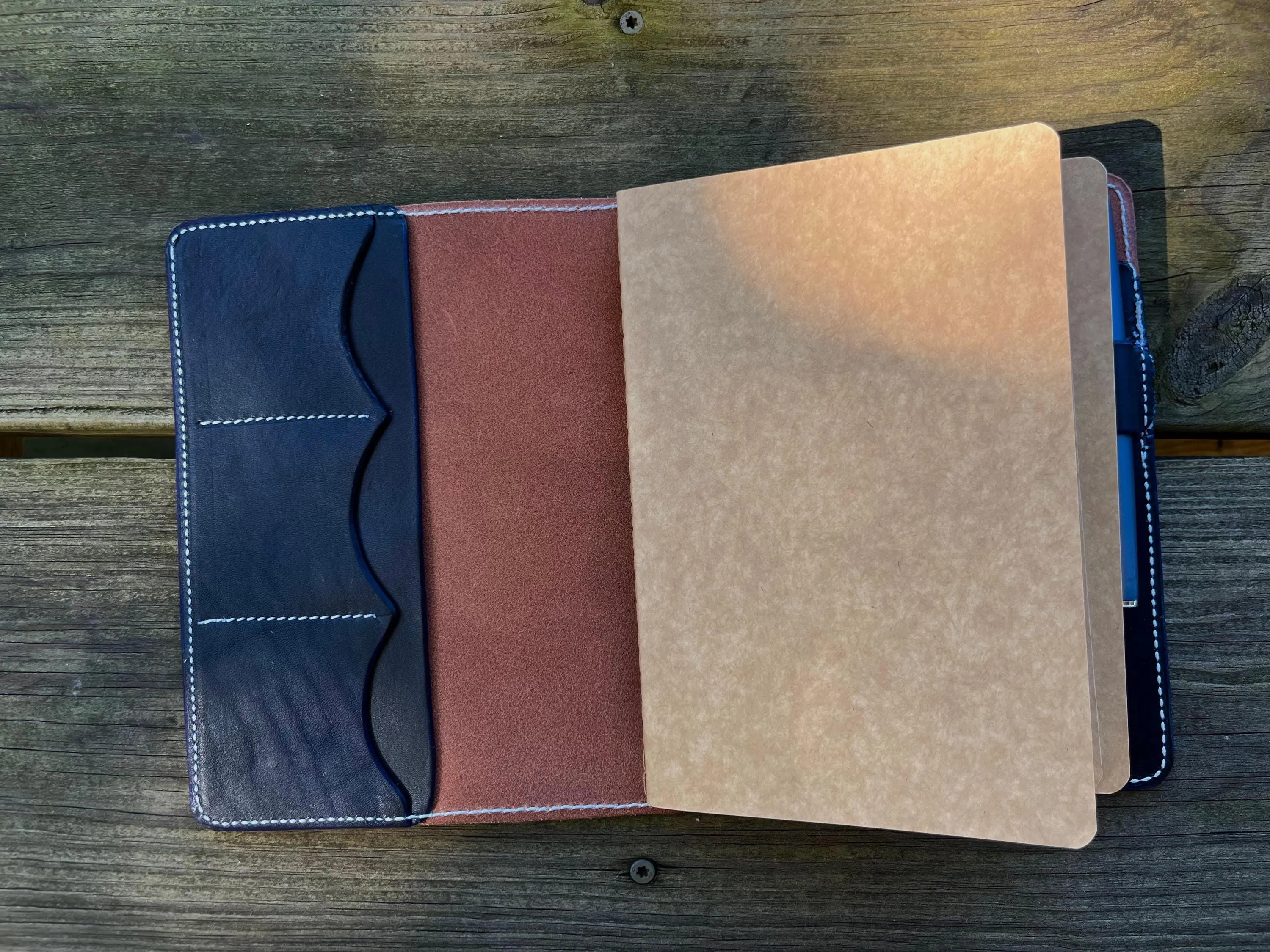 Ready to Ship, A5 Deluxe veg tanned  Leather Full grain Journal Cover, Travel Notebook 8.25" x 5.83" (Inserts NOT included), Brown with navy