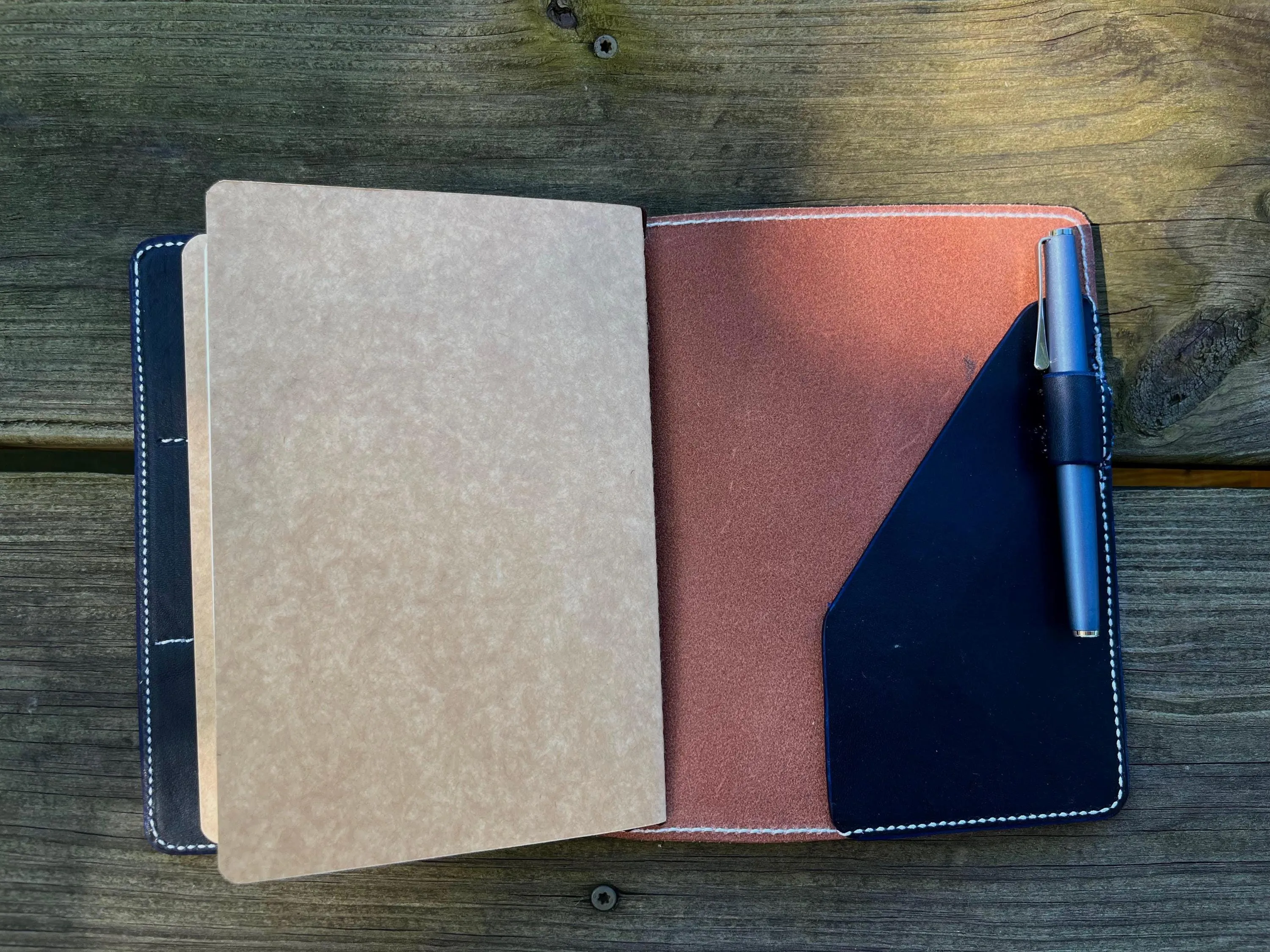 Ready to Ship, A5 Deluxe veg tanned  Leather Full grain Journal Cover, Travel Notebook 8.25" x 5.83" (Inserts NOT included), Brown with navy