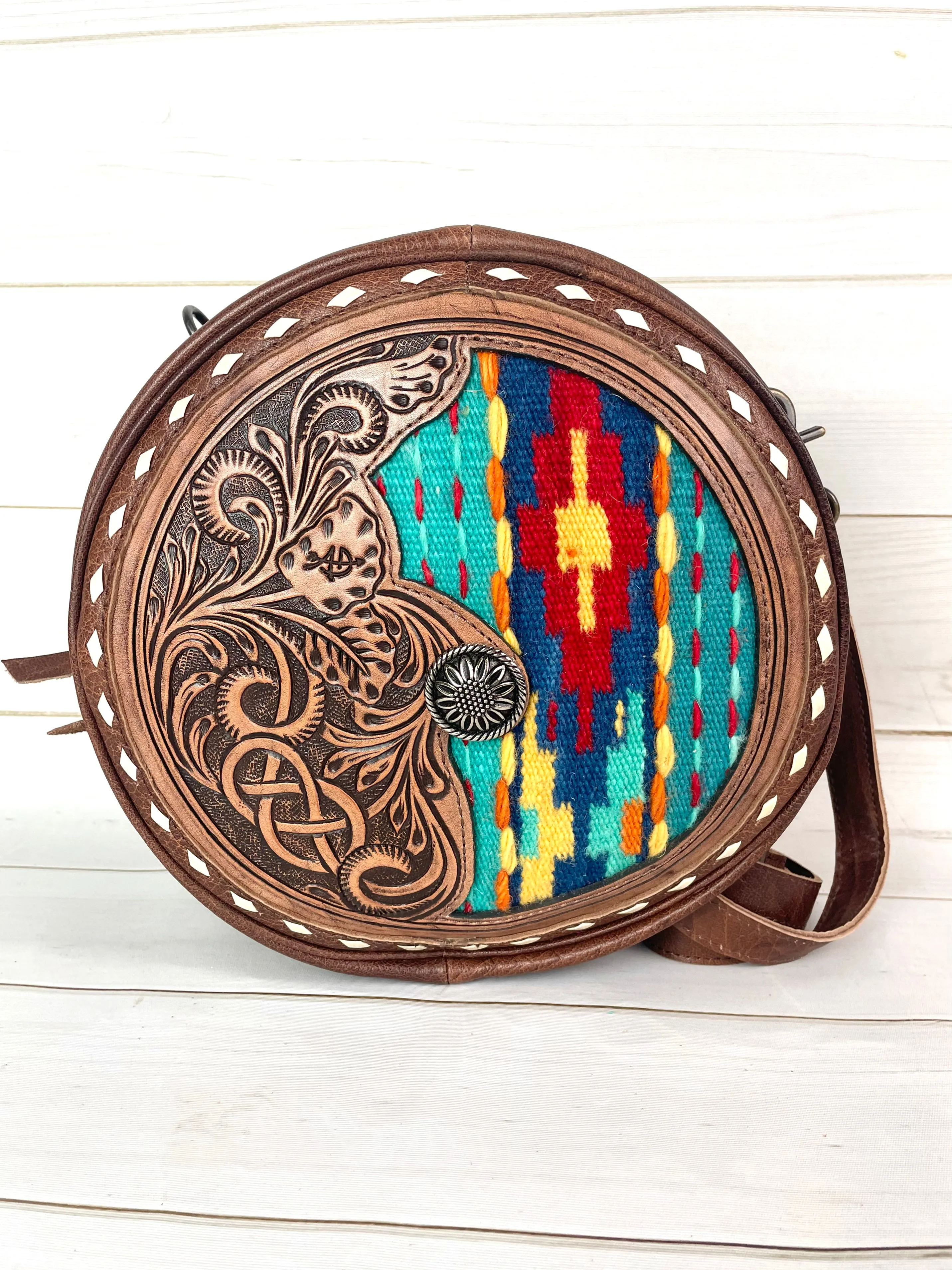Red and Turquoise Wool and Leather Round Canteen Crossbody Bag