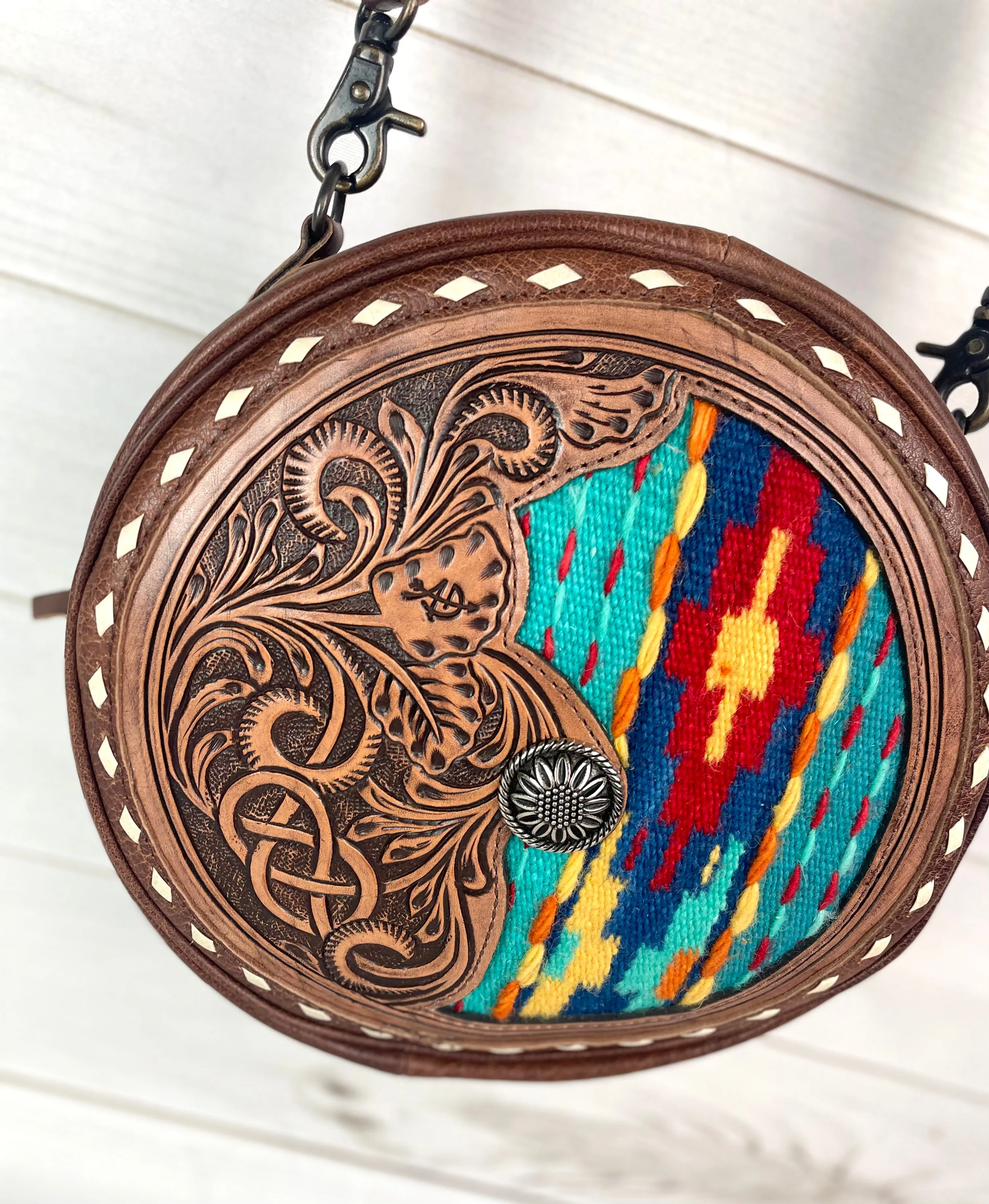 Red and Turquoise Wool and Leather Round Canteen Crossbody Bag