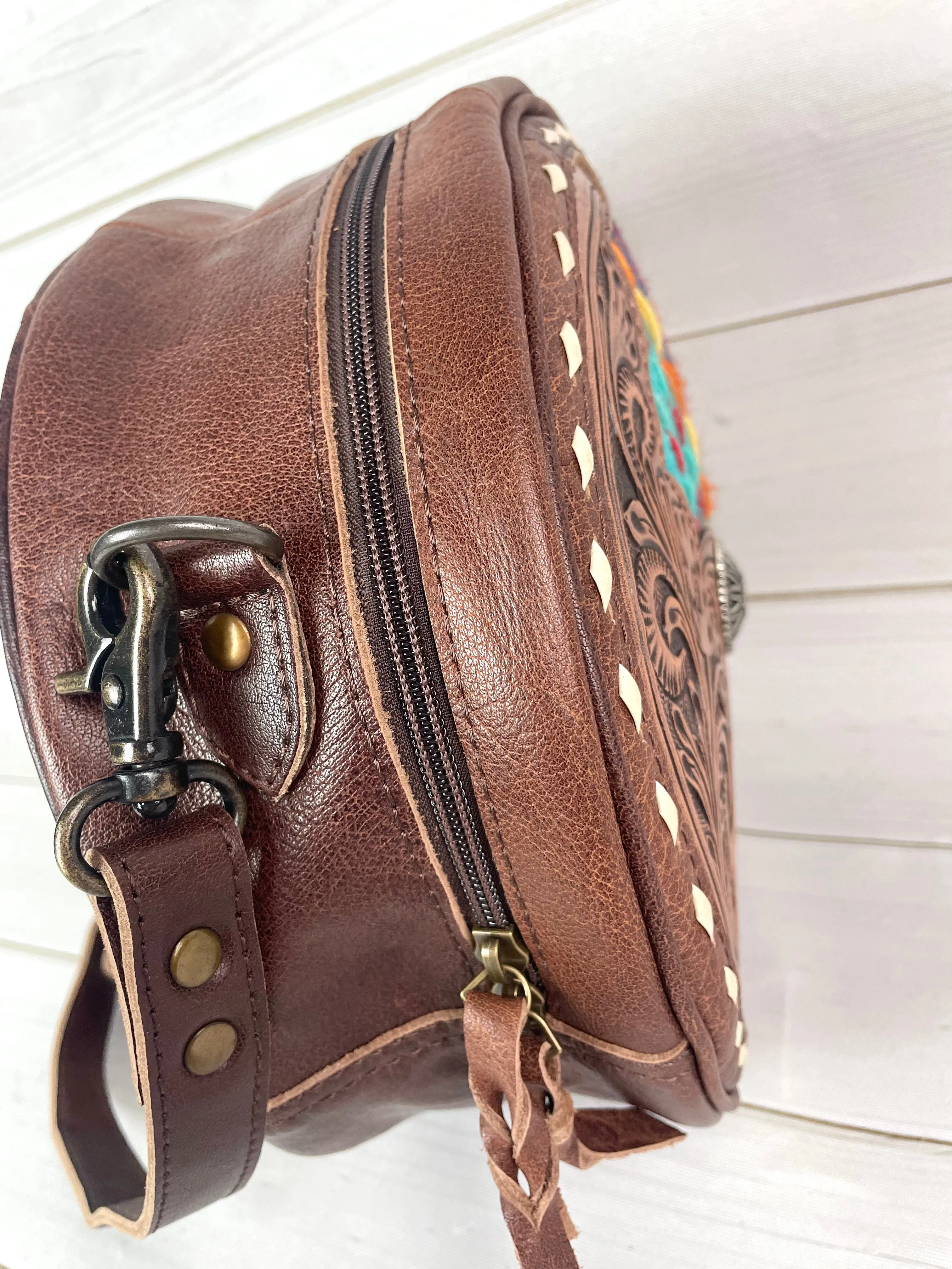Red and Turquoise Wool and Leather Round Canteen Crossbody Bag