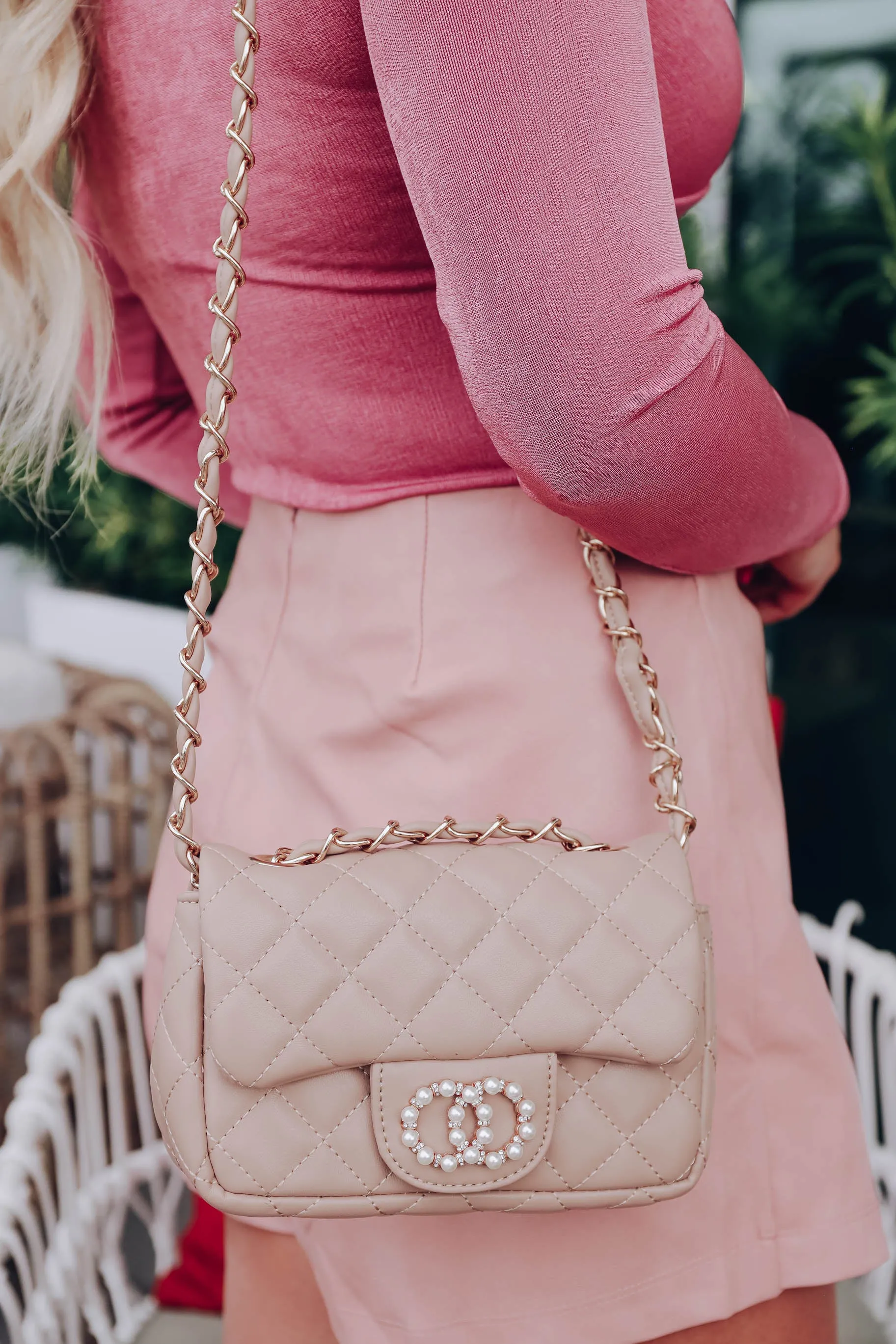 Ritzy Quilted Embellished Purse - Nude