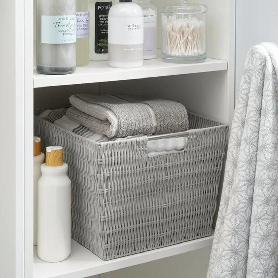 Simplify Large Rattan Tote Storage Basket in Grey