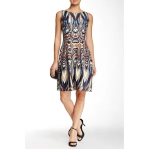 Size 12 ABSTRACT GEOMETRIC PRINT PLEATED SCUBA FIT &amp;‎ FLARE DRESS w/POCKETS