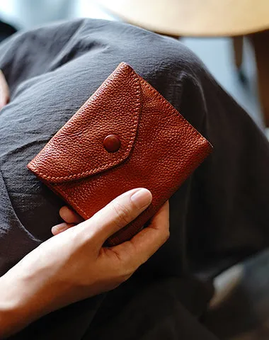 Slim Womens Brown Leather Billfold Wallet Small Wallet with Coin Pocket Envelope Wallet for Ladies
