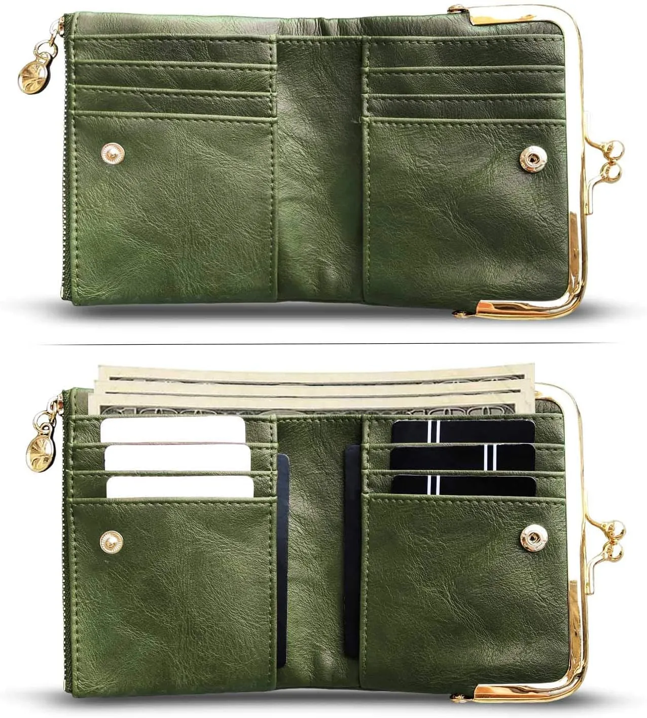 Small Ladies Compact Bifold Coin Purse With Zipper and Kiss Lock