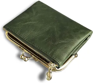 Small Ladies Compact Bifold Coin Purse With Zipper and Kiss Lock