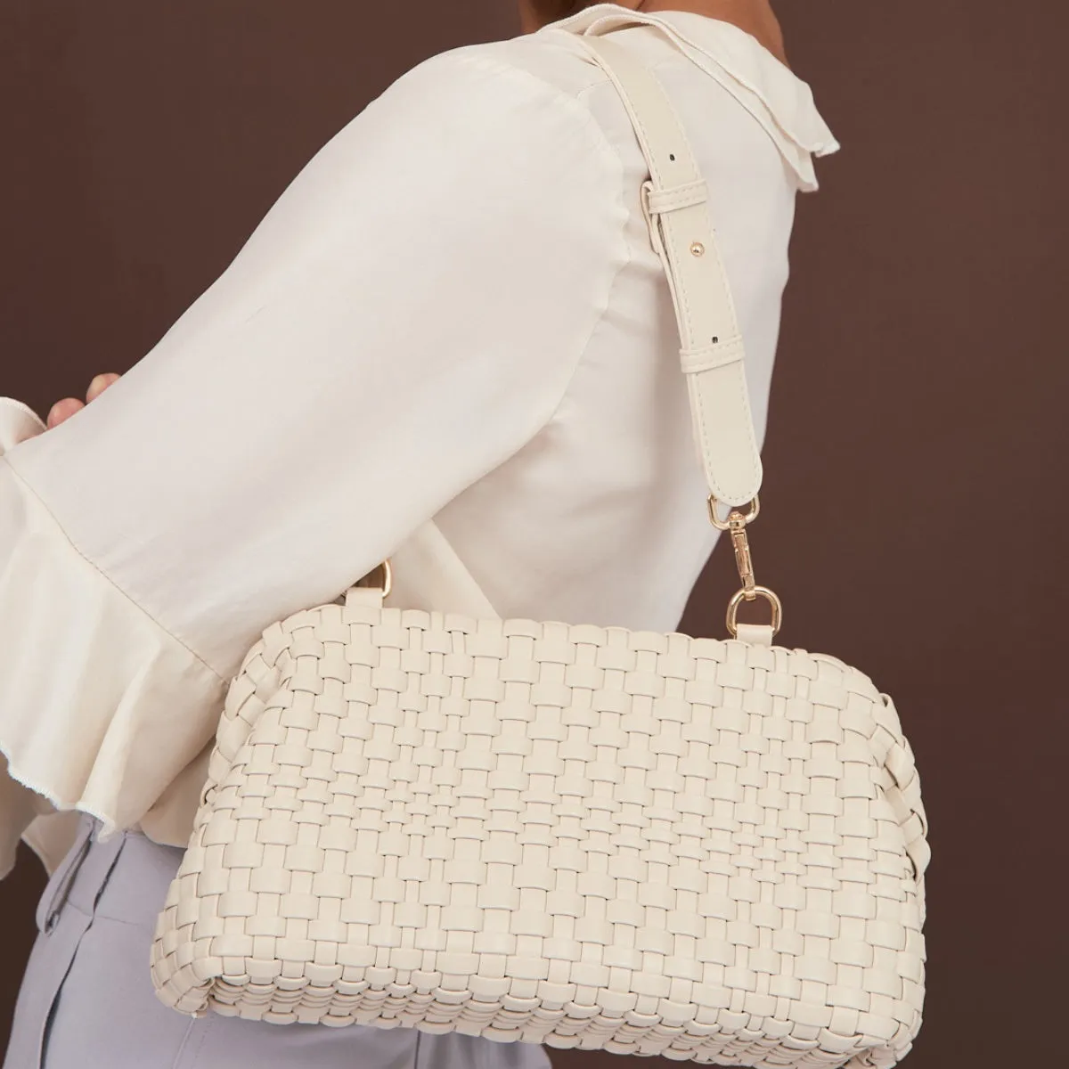 Stassi Woven Structured Shoulder Bag (Cream)