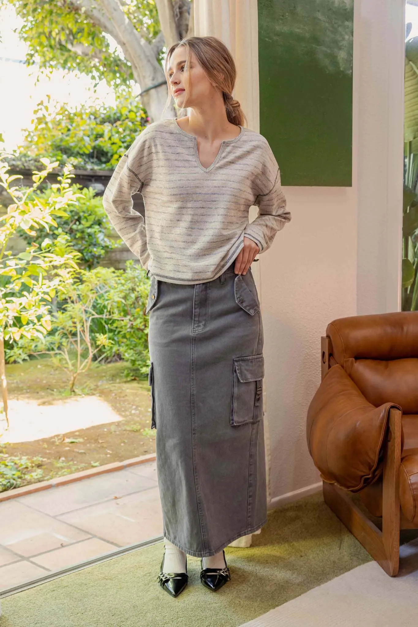 STRIPE SPLIT NECK LONG SLEEVE MARLED KNIT TOP