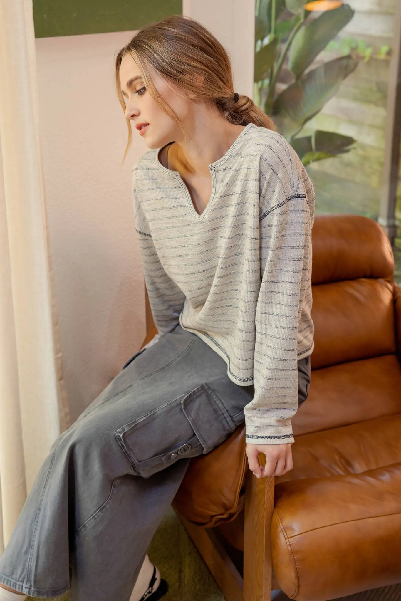 STRIPE SPLIT NECK LONG SLEEVE MARLED KNIT TOP