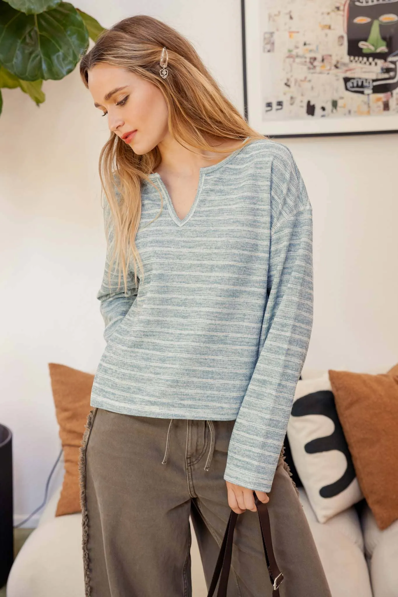 STRIPE SPLIT NECK LONG SLEEVE MARLED KNIT TOP