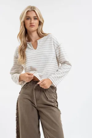 STRIPE SPLIT NECK LONG SLEEVE MARLED KNIT TOP