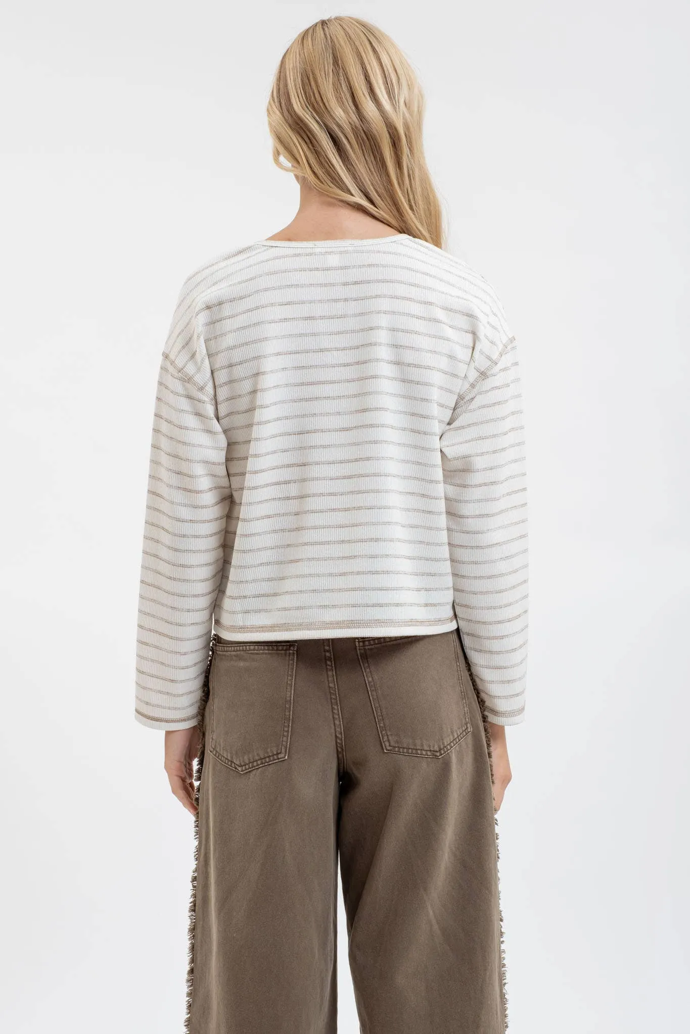 STRIPE SPLIT NECK LONG SLEEVE MARLED KNIT TOP