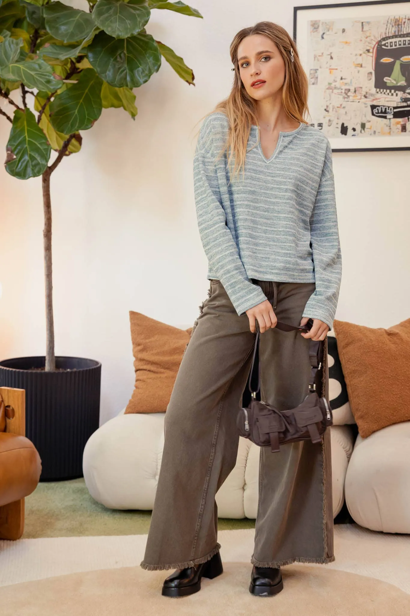 STRIPE SPLIT NECK LONG SLEEVE MARLED KNIT TOP