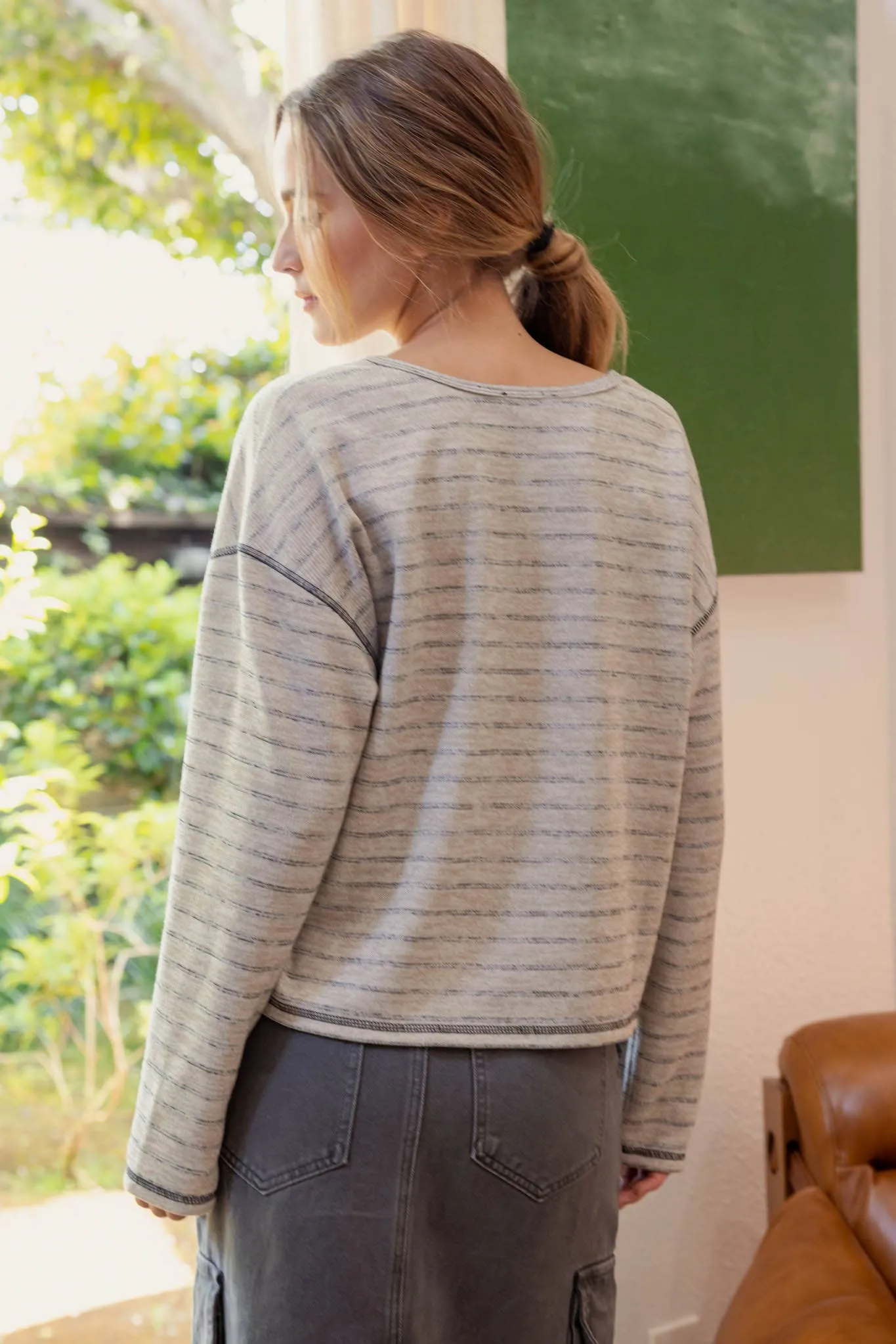 STRIPE SPLIT NECK LONG SLEEVE MARLED KNIT TOP
