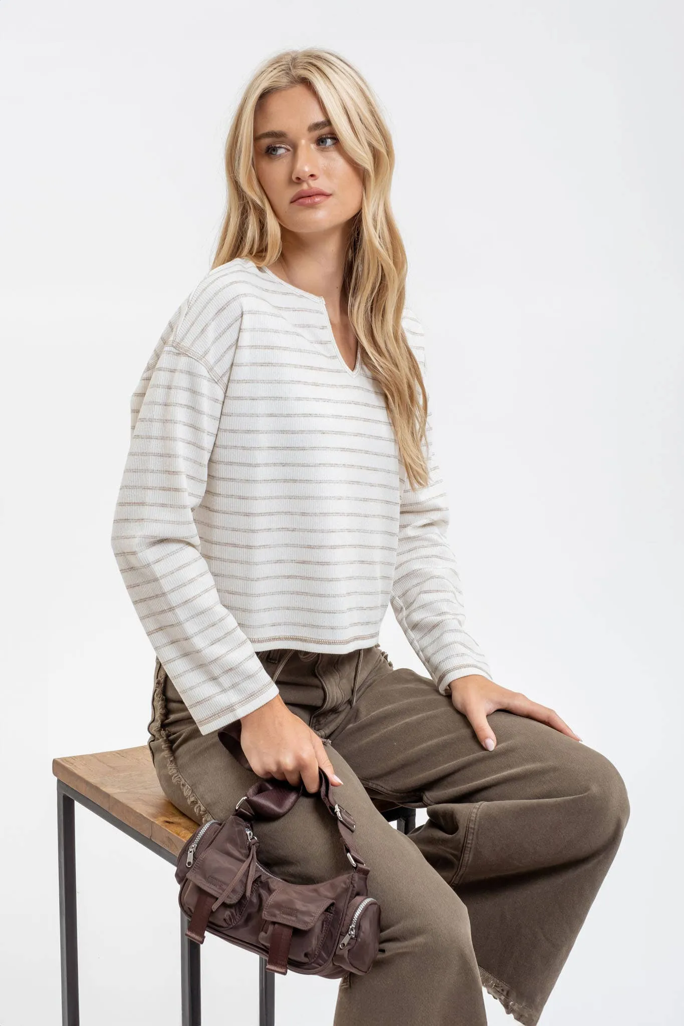 STRIPE SPLIT NECK LONG SLEEVE MARLED KNIT TOP