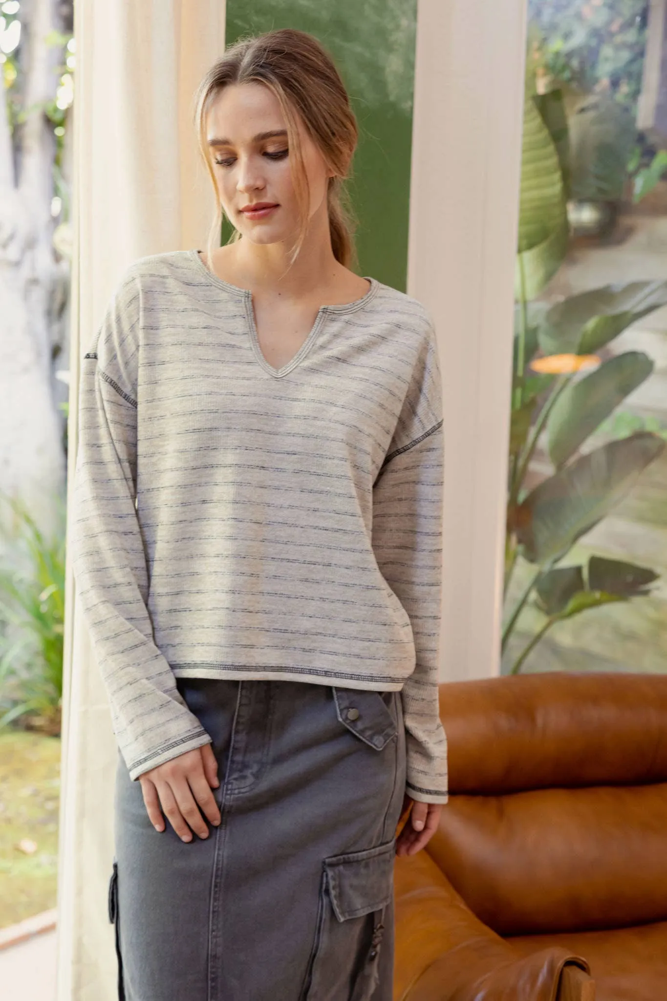 STRIPE SPLIT NECK LONG SLEEVE MARLED KNIT TOP
