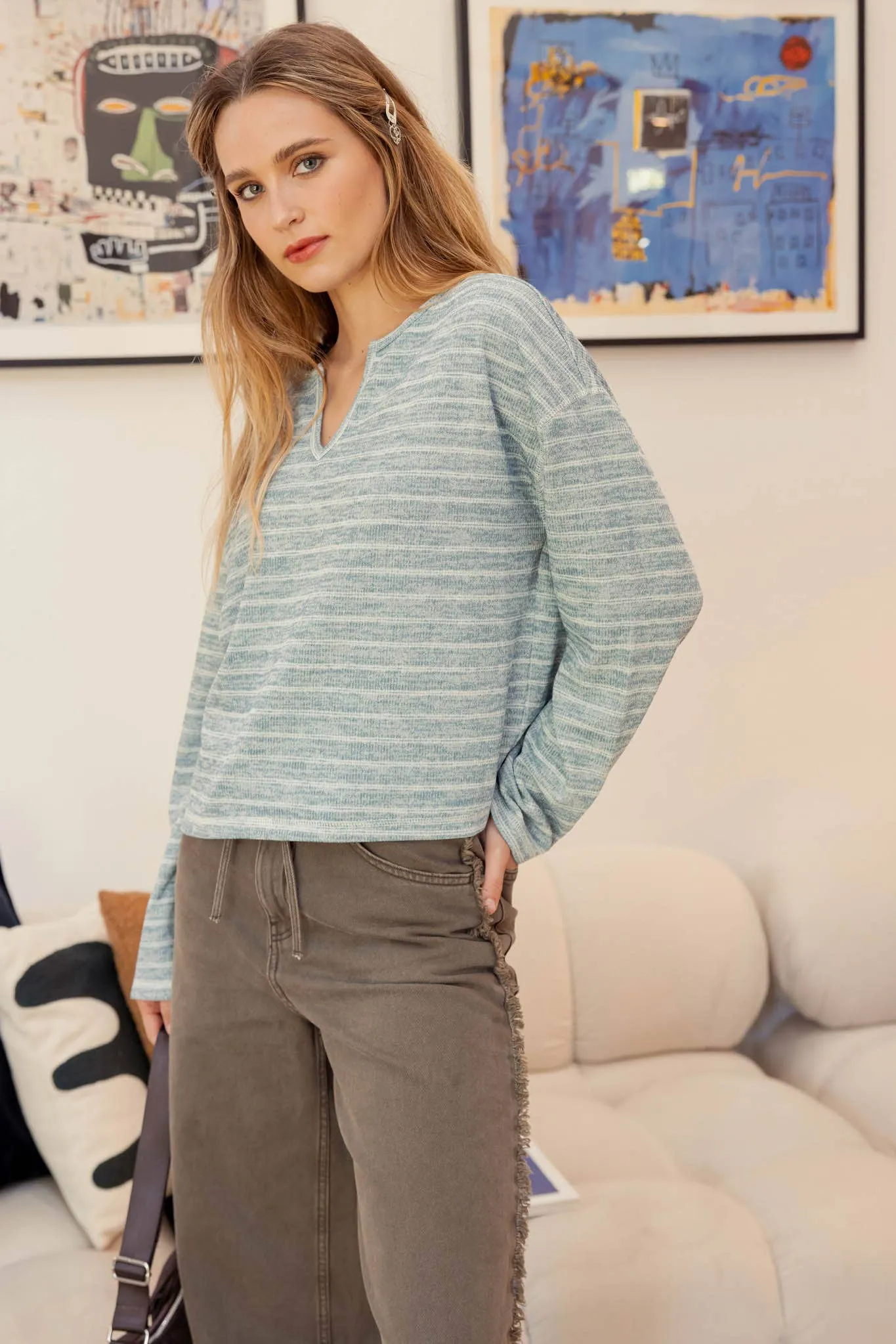 STRIPE SPLIT NECK LONG SLEEVE MARLED KNIT TOP
