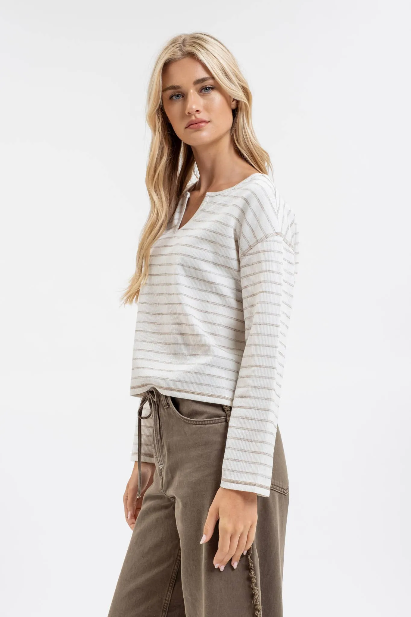 STRIPE SPLIT NECK LONG SLEEVE MARLED KNIT TOP