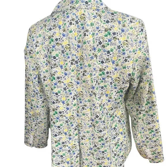 Talbots White and Blue Floral Blazer with Notched Lapel