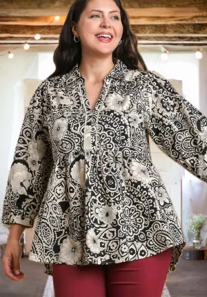 This is the Time Mixed Print Babydoll Top in Black/Tan - Curvy