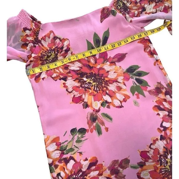 Trina Turk Amaris Off-The-Shoulder Silk Dress Pink Floral Print Knee Length Sz S