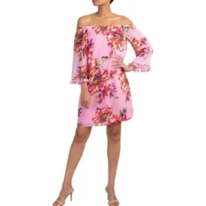Trina Turk Amaris Off-The-Shoulder Silk Dress Pink Floral Print Knee Length Sz S