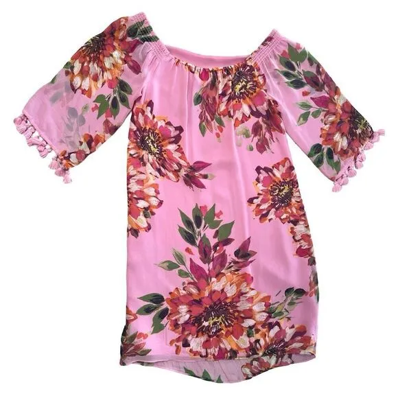 Trina Turk Amaris Off-The-Shoulder Silk Dress Pink Floral Print Knee Length Sz S