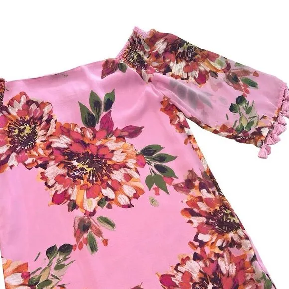 Trina Turk Amaris Off-The-Shoulder Silk Dress Pink Floral Print Knee Length Sz S