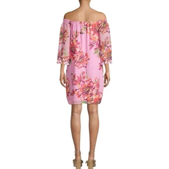 Trina Turk Amaris Off-The-Shoulder Silk Dress Pink Floral Print Knee Length Sz S