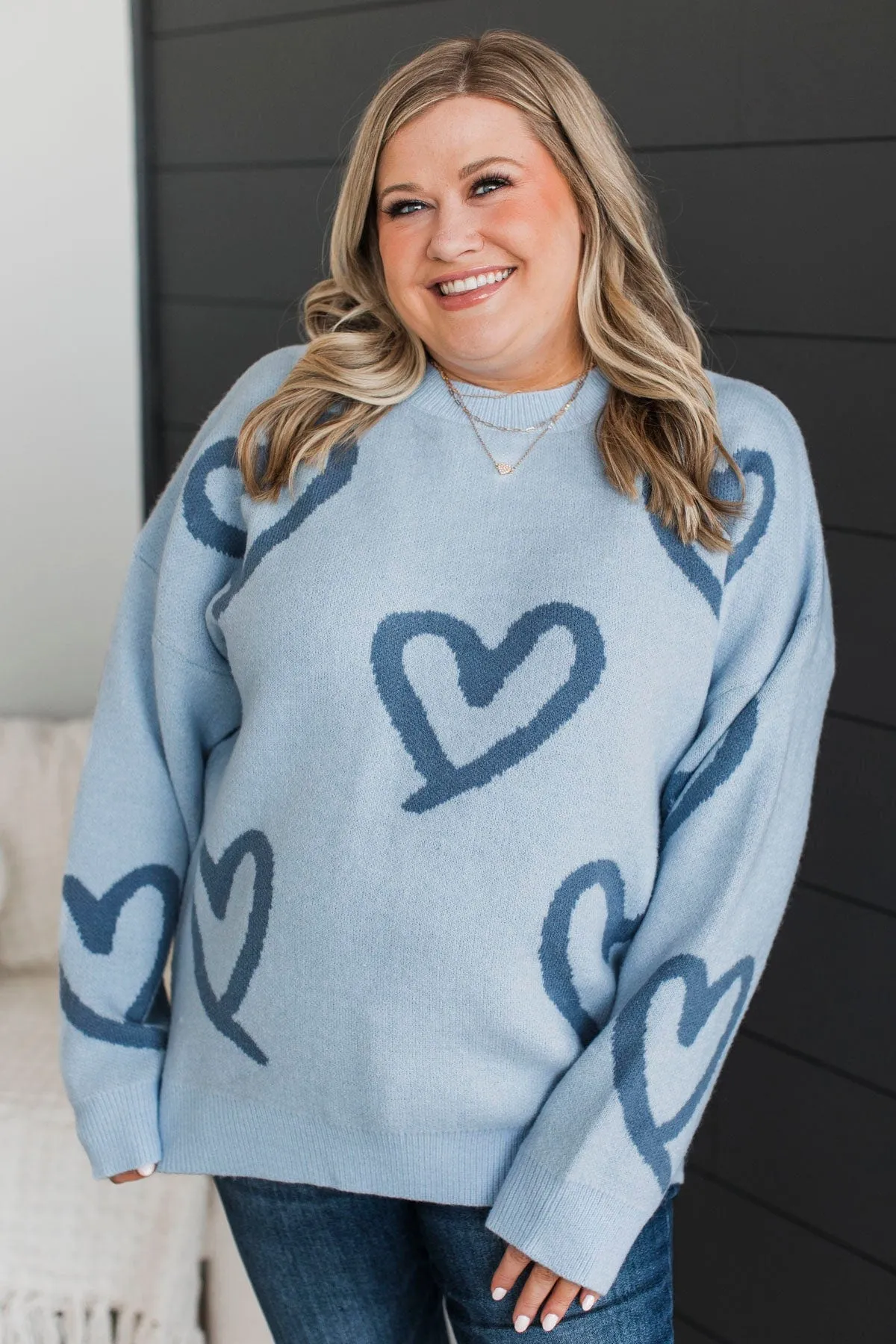 Unbelievable Devotion Heart Knit Sweater- Light Blue