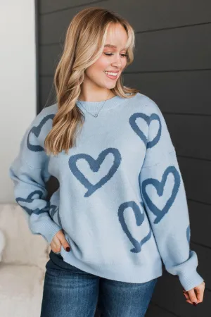 Unbelievable Devotion Heart Knit Sweater- Light Blue