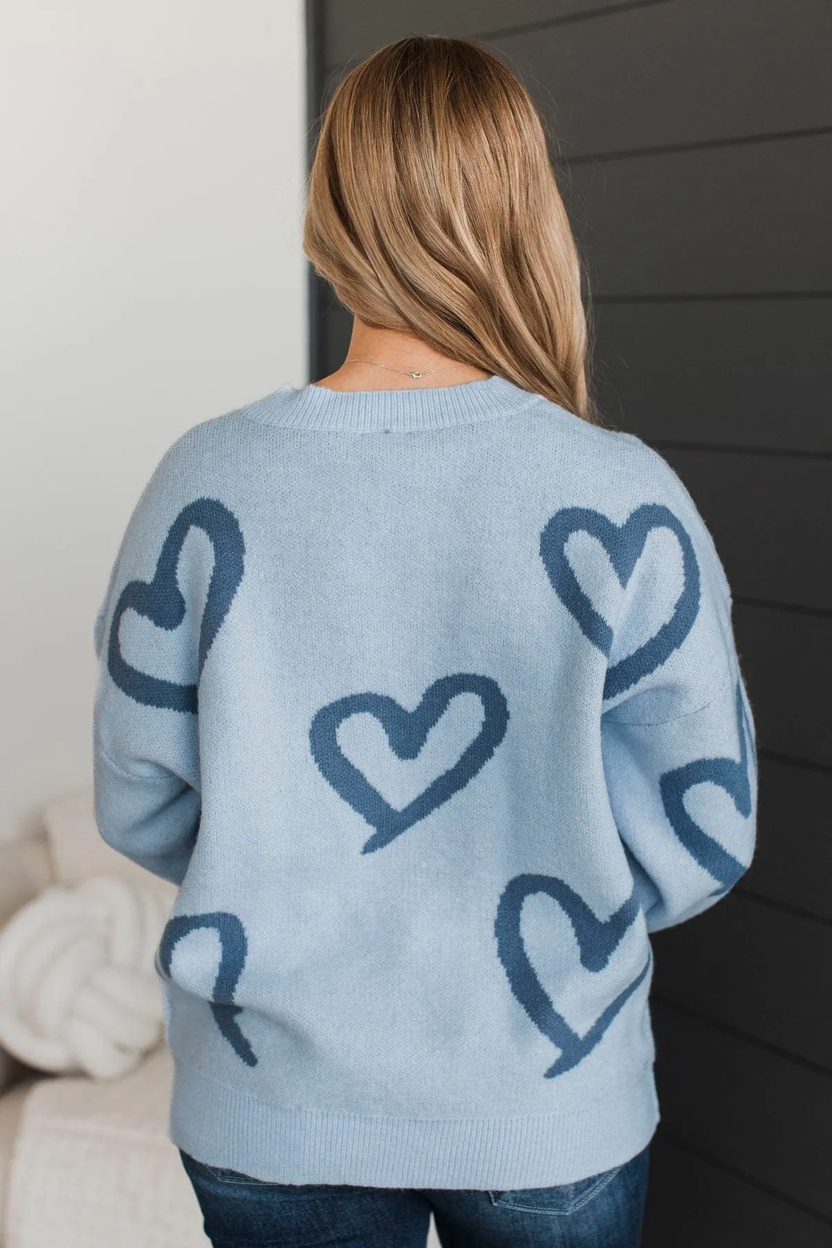 Unbelievable Devotion Heart Knit Sweater- Light Blue