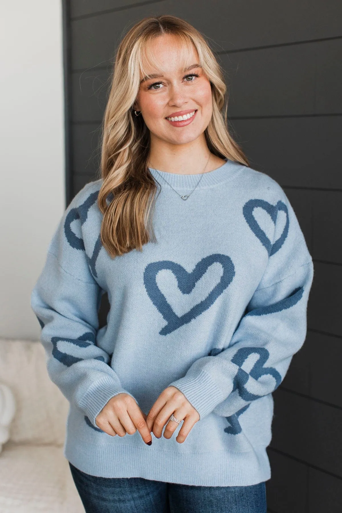 Unbelievable Devotion Heart Knit Sweater- Light Blue