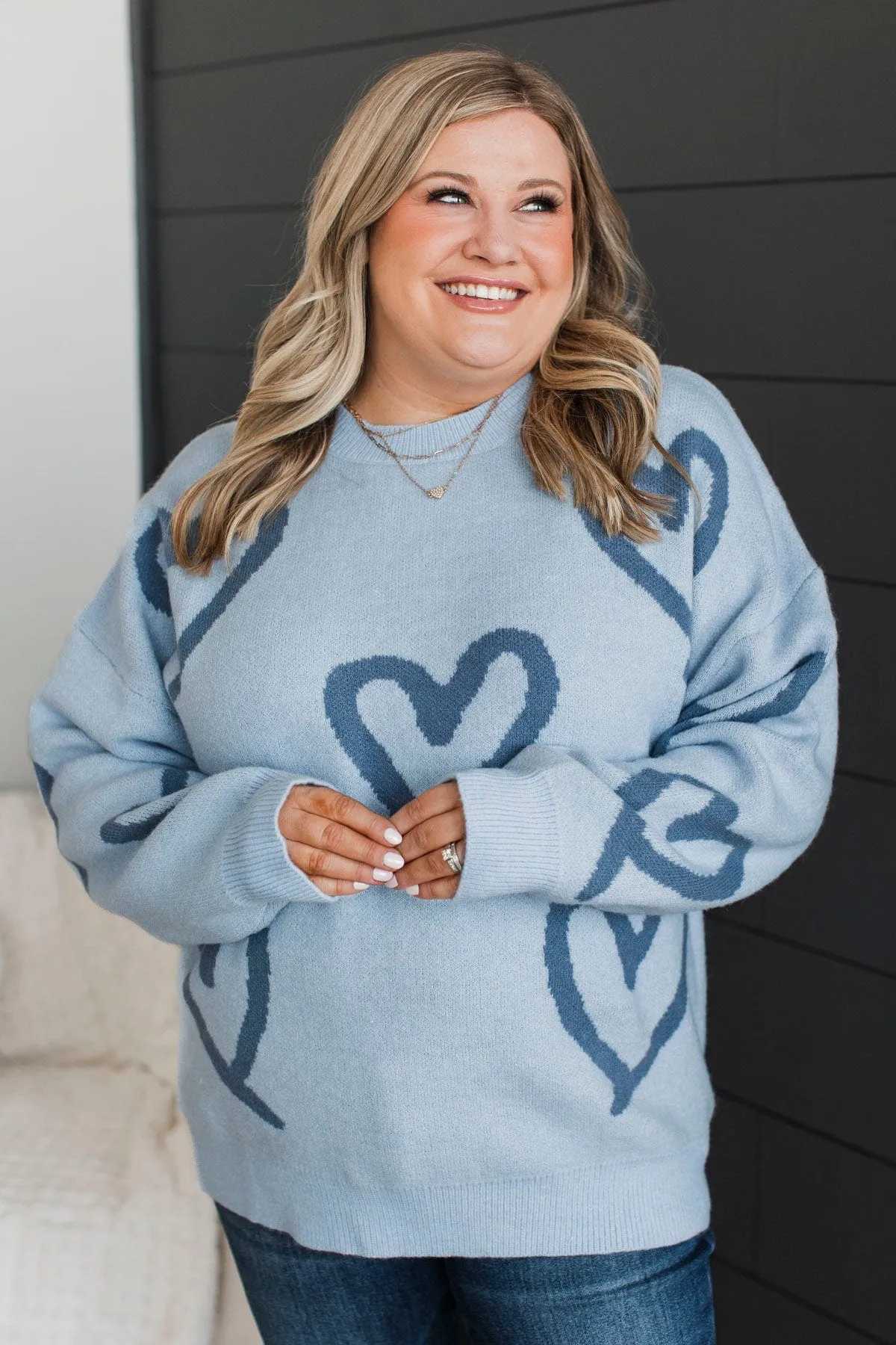 Unbelievable Devotion Heart Knit Sweater- Light Blue