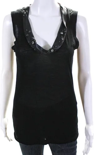 Valentino Italy. Black Sleeveless Leather Trim Crystal Embellished Blouse